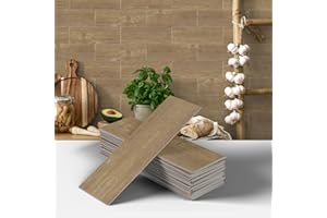 AMOYUN Pegatinas de Baldosas Cocina, 12 Piezas Adhesivo de Pared Impermeable Azulejos Suelo Vinílico Autoadhesivo Adhesivo de Pared PVC Decorativos Adhesivos Imitación Madera para el Baño 10cm x 30cm