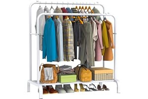 LOEFME Appendiabiti da Terra, 110 x 55 x 150 cm, Appendiabiti Multifunzione per camera da Letto, stand appendiabiti in Metallo, Design Minimalista, attaccapanni da terra per Appendere Vestiti, bianco