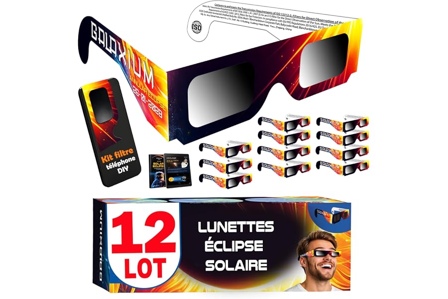 Galaxium Lot de 6/12/25/50/100 Lunettes Eclipse Solaire 2026 ISO 12312-2 Certifiées | Lunette pour Eclipse Solaire | Lunettes