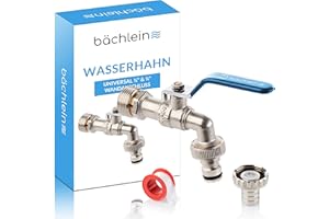 Bächlein Universal Wasserhahn für den Garten [blau] inkl. 2 Schlauchanschlüssen - edler Kugelhahn mit 1/2 Zoll Anschluss und 3/4 Zoll Adapter, Auslaufhahn aussen