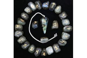 Crocon Labradorit Edelstein graviert Runensteine ​​​​Set (25 Piezas) con Elder Futhark Alphabeten y 1 Labradorit Pendel Reiki Heilsteine ​​​​Chakra Handwerk nordische Runen Tamaño: 15-20 mm