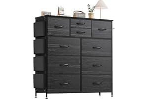 Buluri Tall Chest of Drawers Bedroom, 10 Fabric Drawers Dresser with Side Pockets and Hooks, Wooden Top and Metal Frame, Storage Drawers for Closet, Living room, Kids Room (Black Wood Grain)