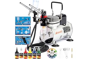 XDOVET Airbrush mit Kühlung, Dual-Lüfter, Luftspeicher, Kompressor-System-Set, professionelles Airbrush-Farbsystem mit 1/5 PS Luftkompressor und 3 Airbrush-Kits – 6 Farben Acrylfarben-Künstler-Set