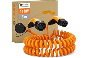 LAPP MOBILITY Câble de Charge EV de Type 2 - Câble Spiralé 11kW, 20A, Triphasé, Résistant à la Poussière et à l'eau IP55, Compatible Avec Tous les Véhicules Electriques et Hybrides Européens, 5m, Noir