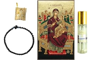 ‎VATOPEDI MONASTERY Panagia Pantanassa Icon, authentisches Gebetsband, Heilige Myrrhe und Schutzamulett - Geschenkset vom Berg Athos