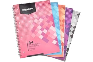 Amazon Basics Quaderno con rilegatura a spirale, colori assortiti, 70 fogli/140 pagine, formato A4, 90 g/m², bianca, (confezione da 5)