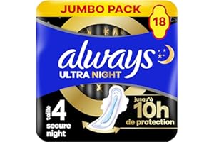Always Ultra Serviettes Hygiéniques, Taille 4, Secure Night, 18 Serviettes Avec Ailettes, Flux Abondants Nuit, Max Confort, Super Absorbantes et Ultra Fines