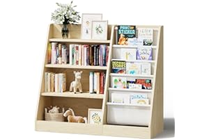HIRONPAL Kids Bookshelf, Five Layer Sling Children Bookcase, Baby Storage Wooden Book Rack, Book and Toy Organizer Cabinet Book Display, for Playroom,Bedroom,Toddler Room,Nursery,Classroom (Burlywood)