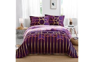 DJY Purple Geometric Duvet Cover Golden Stripes Soft Microfiber Bedding Duvet Cover Set, Reversible Lightweight Bedding Sets 3pcs with Zipper Closure (King, 220x230cm)