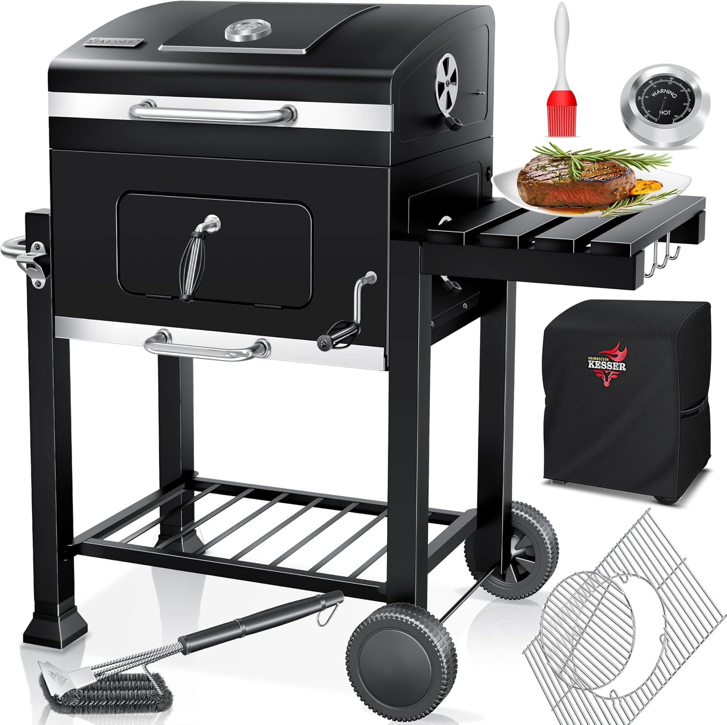 KESSER® Parilla de Carbón con Carrito Grill con Tapa, Ruedas, Mango de Acero Inoxidable | Barbacoa, Cepillo, Cubierta y Termómetro Carbón Wagen Grande BBQ Barbacoa Camping, Jardín XL Negro