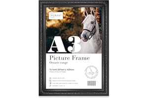 Almost Frameless A3 Black Ornate Picture Frame Fits A3 (29.7 x 42cm - 11.7 x 16.5in) Poster, Photo, Artwork, or Print. Baroque Style Portrait and Landscape Display with Wall Hooks