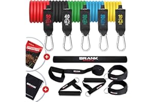 BRANK SPORTS® Kit Complet d'élastiques Musculation avec poignées | Résistance Ajustable équivalent Poids de 5 à 68kg | Pack Bandes Elastiques Musculation de 13 Accessoires | Marque française