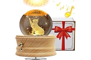BUOTAU Caja de Música con Bola de Cristal 3D, Caja de Música Giratoria 360° Luminosa con Proyección de luz y Base de Madera para Niños, Esposas, Madres, Regalo Decorativo Creativo(Gato)