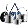 Camping Cookware Set 304 Stainless Steel 8-Piece Pots & Pans Open Fire Cooking Kit | Frying Pan Steamer with Travel Tote Bag | Compact For Outdoors & Indoors Kitchen Family Campfire Hiking RV