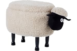 Beliani Kids Animal Stool Faux Fur Pouffe with Storage Wooden Legs Playroom Light Beige Sheep