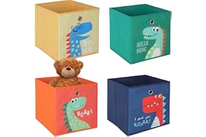 Relaxdays Set med 4 förvaringslådor, söta dino-motiv, vikbar låda för