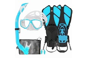 HH HHAO SPORT Set da Snorkeling per Bambini con Pinne, Vista Panoramica a 180° Occhialini Antiappannamento, Pinne da Nuoto Regolabili, Snorkel, Borsa in Rete ad Asciugatura Rapida