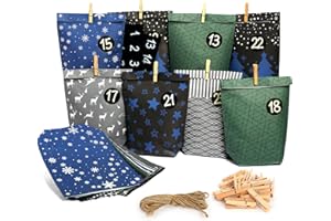 COOYUIO Adventskalender zum Befüllen Set mit 24 Weihnachts-Papiertüten, Juteseil, Aufkleber& Holzklammern - Geschenkidee für Familie, Kinder, Erwachsene - Tradition und Vorfreude selbst gestalten