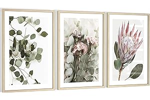 Novart Wandbilder mit Rahmen Grüne Blätter - Wohnzimmer Schlafzimmer Wanddeko - 3 Bilder Set Boho Beige - N123036aR3