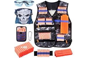 EXTSUD Gilet Tactique Enfants pour Nerf N-Strike Elite Series avec 40 Fléchette, Chargeur Fléchette, Masque Facial Tactique, Bande Poignet et Lunettes de Protection