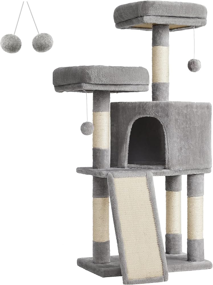 Feandrea PCT141W01 kedi tırmalama ağacı, kedi için, yumuşak pelüş, 115 cm, tamamen sisal sarılı sütun, açık gri