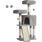 Feandrea PCT141W01 kedi tırmalama ağacı, kedi i&ccedil;in, yumuşak pel&uuml;ş, 115 cm, tamamen sisal sarılı s&uuml;tun, a&ccedil;ık gri