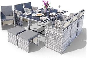 Swing & Harmonie Sitzgruppe Garten - Rattanmöbel Outdoor - Robuste Gartenmöbel - Hochwertige Gartengarnitur - Garten-Essgruppe - Outdoormöbel - Esstisch (11-Teilig, grau)