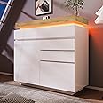Jaxenor White High Gloss Sideboard LED Cabinet with 2 Doors 3 Drawers for Living Room, Dining Room, Hallway, Kitchen, Storage Display Cabinet with LED Light, App-Controlled (White)