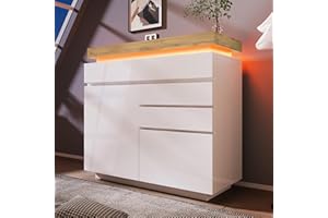 Jaxenor White High Gloss Sideboard LED Cabinet with 2 Doors 3 Drawers for Living Room, Dining Room, Hallway, Kitchen, Storage Display Cabinet with LED Light, App-Controlled (White)
