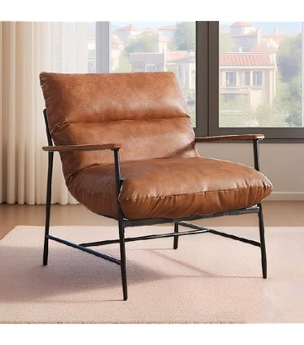 Fauteuil Salon Rembourré Fauteuil De Salon WOLTU - Similicuir Brun, Cadre Métallique, Style Vintage - Pour Salon, Chambre, Balcon Fauteuil Métal Et Simili - 9