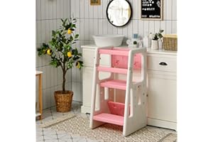 COSTWAY Torre de Aprendizaje Montessori 2 en 1,Torre de Taburete Infantil con 3 Alturas Ajustables y Patas Antideslizantes,Torre de Observación para Niños para Cocina Baño Comedor 47x47x90cm