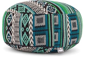 Bodhi Meditationskissen | Rundes Bodenkissen mit Kapokfüllung | Ethno Collection | Rondo Sitzkissen mit Tragegriff | Abnehmbarer Bezug aus Baumwolle | Jacquard-Webstoff (schwarz-weiß-grün)