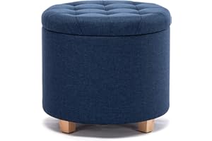 HNNHOME® - Otomana de almacenamiento de lino acolchada redonda de 45 cm, taburete puf con almacenamiento (azul marino)