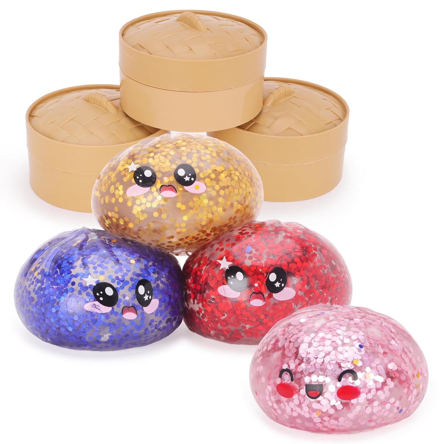 Toyland® Mystery Glitter Squishy Bao Dumpling Giocattolo Sensoriale Antistress con Scatola di Plastica per la Vaporiera - Giocattolo da Spremere per Bambini - 1 Scelta Casuale - Età 3+