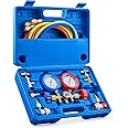 OrionMotorTech OrionMotorTech 3 Way AC Diagnostic Manifold Gauge Set for Freon Charging, Fits R134A R12 R22 and R502 Refrigerants, with 5FT Hose, Acme Tank Adapters, Adjustable Couplers and Can Tap