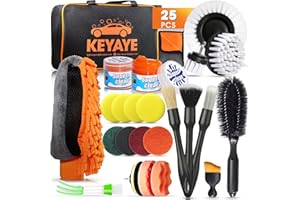 KEYAYE 25 Pièces Kit Nettoyage Voiture Interieur Exterieur - Lot de Produit Nettoyage Voiture avec Brosse Jante Nettoyage Voiture, Pinceau Detailing Auto, Chiffon et Gant Microfibre, Pads Polissage
