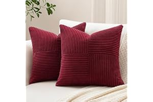 Sungeek Set of 2 Decorative Cushion Covers 40 x 40cm Soft Corduroy Striped Cross Patchwork Textured Pillow Covers Solid Square Throw Pillow Cases for Sofa Bed Patio 16x16 Inch, Burgundy