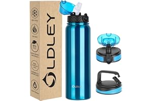 OLDLEY Borraccia Acciaio Inossidabile con Cannuccia 1L Isolamento Sottovuoto Grande Borraccia Metallo Bottiglie d'Acqua Tenuta Stagna Mantiene Le Bevande Calde Fredde per Campeggio Palestra con 3 Coperchi