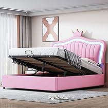 TOBIDOEN Polsterbett 140x200cm Prinzessinnenbett - Mit LED Beleuchtung & 2 Schubladen Rosa