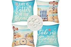 SERENTO Fundas Cojines Exterior Impermeable 45x45 Funda de Almohada Verano Azul Océano Playa Fundas de Cojín Moderno Lino Decorativa Fundas Cojines para Sofá Sillas Jardín Balcones Playa Camping Juego de 4