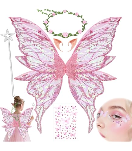 Set Complet Ailes De Fée Papillon Enfant - Oreilles Elfe, Bandeau, Baguette Étoile & Stickers