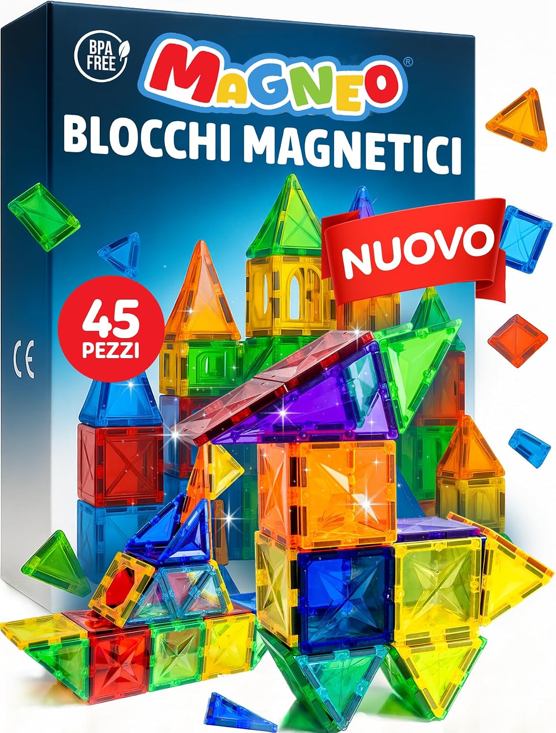 Blocchi magnetici (45 pezzi) – Blocchi magnetici per bambini a partire dai 3 anni – Giocattolo magnetico educativo – Gioco magnetico creativo con potenti magneti – Idea regalo