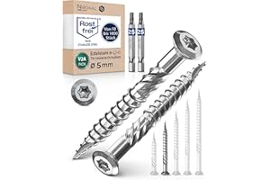 NIETFULLTHINGS Wkręty tarasowe ze stali nierdzewnej A2, 5 x 50, śruby z łbem soczewkowym, Torx, grubość 5 mm, 1000 sztuk, wkręty do drewna, długość 50 mm, wkręty ze stali nierdzewnej, w zestawie 2 x bity Torx