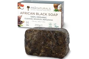 PraNaturals 100% Organic Raw African Black Soap 200g, Ethically Sourced and Handcrafted in Ghana, For All Skin Types, Detoxifying and Anti-Ageing All Pure Natural, Vegan, Unprocessed
