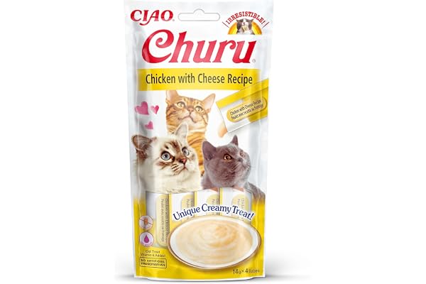 INABA Churu - Friandises pour Chats en Purée au Poulet et Fromage - Délicieux Snacks pour Félins - Texture Lisse et Onctueuse - Nourriture pour Chats - 4 Tubes x 14g