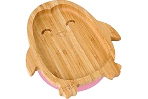 bamboo bamboo Baby and Toddler Plate for Feeding and Weaning, Bamboo Penguin Plate with Secure Suction, Suction Plates for Babies from 6 Months (Penguin, Pink)