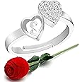 MEENAZ CZ Valentine American diamond Adjustable I Love You Heart Sillver Initial Letter Name Alphabet S Finger Rings for women girls girlfriend couples lovers Stylish Design Red RING ROSE BOX SET-M165