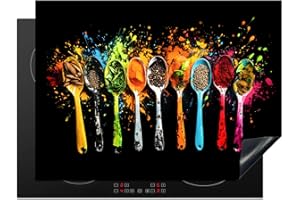 KitchenYeah© Protege Plaque Induction 71x52 cm Decoration Cuisine Tapis de Protection Pour Plan De Travail Cuisson Protégé Cuillères - Épices - Modern - Graffiti - Coloré