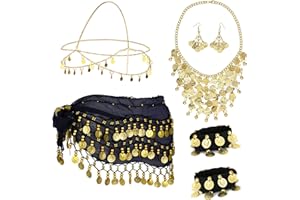 Hpbaggy 7 Sets Bauchtanz Accessoires Damen, Bauchtanz Hüfttuch mit Goldmünzen Ohrringe, Halskette, Armbänder und kopfschmuck, Schmuckset Bauchtanz, Bauchtanz Kostüm für Carnival, Mottoparty