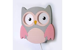 ‎CLEVERE KIDS BABY-COLLECTION Clevere Kids Kinder-Wandlampe Alle meine Tiere | Handarbeit aus der EU | hochwertige Leselampe, Nachtlicht aus Holz | E14 (Eule grau-rosa)